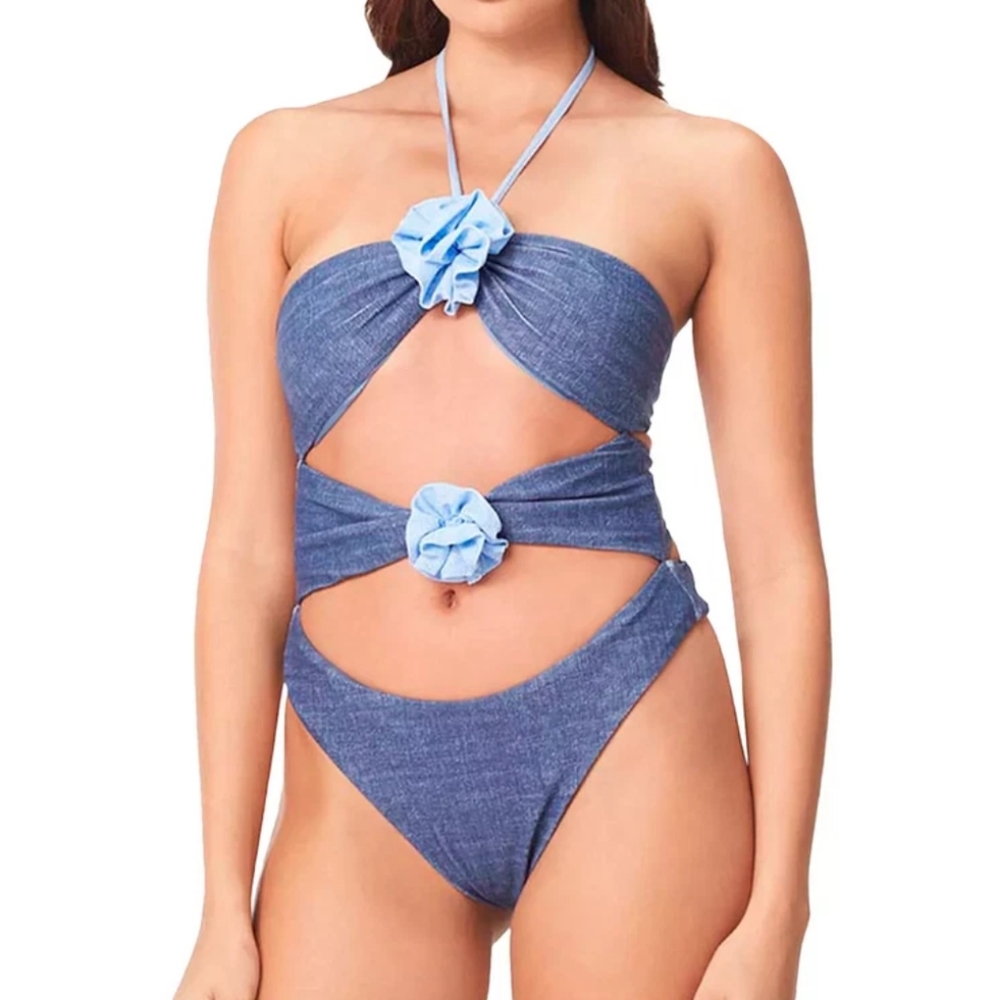 NWT Capiytana Blue Cutout Swimsuit‎ with Floral Accents Size Medium